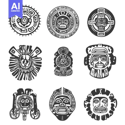 Aset desain premium: Nine Black and White Tribal Masks with Intricate Patterns