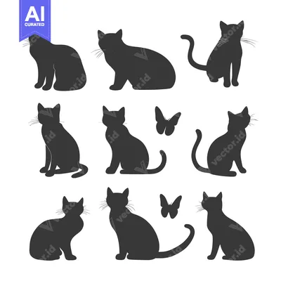Premium design asset: Nine Black Cat Silhouettes with Two Butterflies