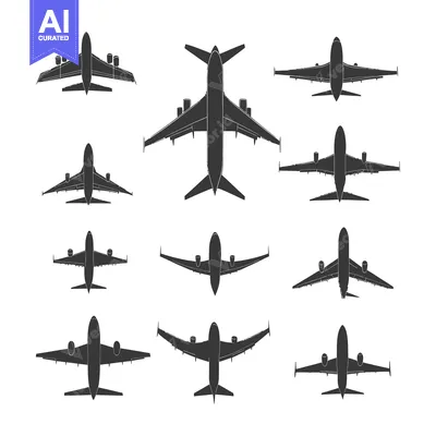 Nine Black Silhouettes of Airplanes Viewed From Above