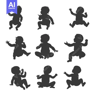 Aset desain premium: Nine Black Silhouettes of Baby Infants in Various Poses