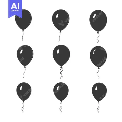 Aset desain premium: Nine Black Silhouettes of Balloons with Curly Strings