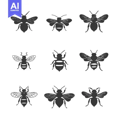 Nine Black Silhouettes of Bees in Various Poses