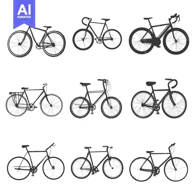 Premium design asset: Nine Black Silhouettes of Bicycles with Different Styles