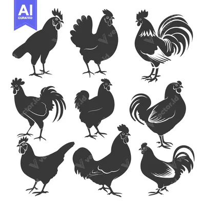 Aset desain premium: Nine Black Silhouettes of Chickens and Roosters