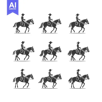Aset desain premium: Nine Black Silhouettes of Cowboys Riding Horses