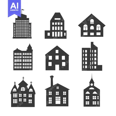 Aset desain premium: Nine Black Silhouettes of Different Building Styles