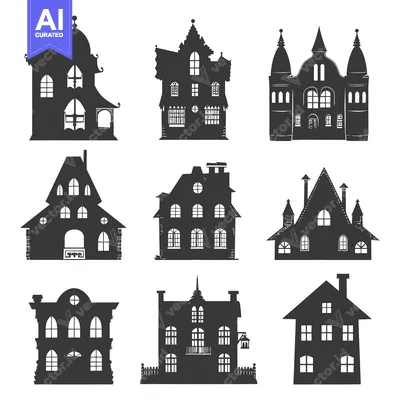 Aset desain premium: Nine Black Silhouettes of Different House Styles
