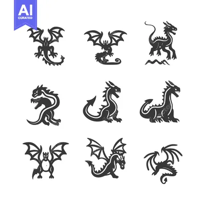 Popular premium asset: Nine Black Silhouettes of Dragons in Different Poses
