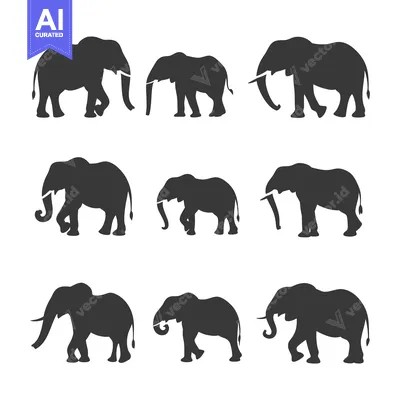 Aset desain premium: Nine Black Silhouettes of Elephants in Various Poses
