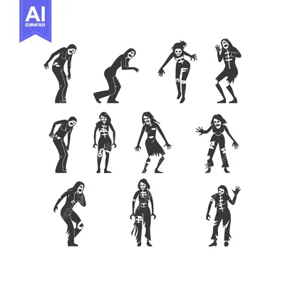 Nine Black Silhouettes of Female Zombies in Various Poses