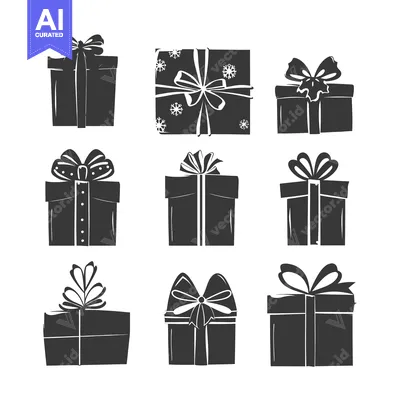 Nine Black Silhouettes of Gift Boxes with Bows and Decorations