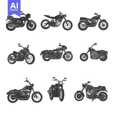 Premium design asset: Nine Black Silhouettes of Motorcycles with Different Styles