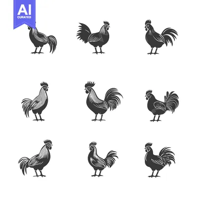 Aset desain premium: Nine Black Silhouettes of Roosters in Various Poses