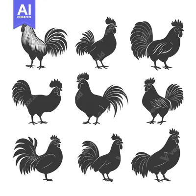 Aset premium populer: Nine Black Silhouettes of Roosters in Various Poses
