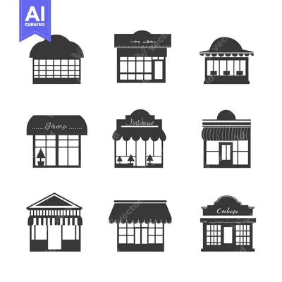 Aset premium populer: Nine Black Silhouettes of Storefronts with Awnings and Signage