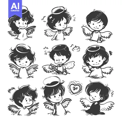 Aset desain premium: Nine Cartoon Angels with Halo and Wings