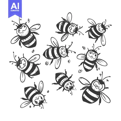 Aset desain premium: Nine Cartoon Bees with Striped Bodies and Big Eyes