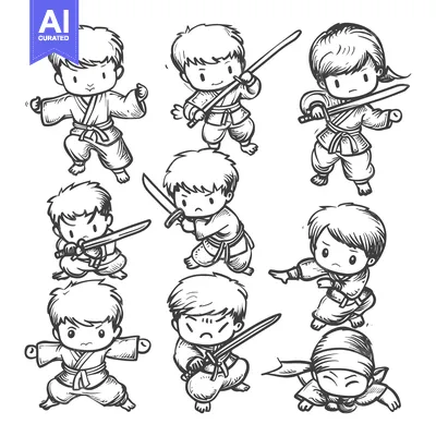 Nine Cartoon Characters in Traditional Japanese Martial Arts Clothing