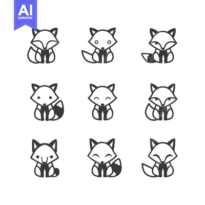 Aset desain premium: Nine Cartoon Fox Illustrations in Black and White