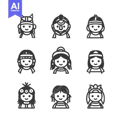 Aset desain premium: Nine Cartoon Girls with Unique Hairstyles and Headwear