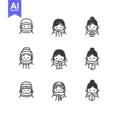 Premium design asset: Nine Cartoon People Wearing Winter Hats and Scarves