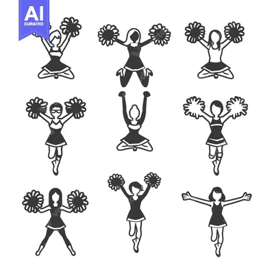 Nine Cheerleaders in Different Poses with Pom Poms