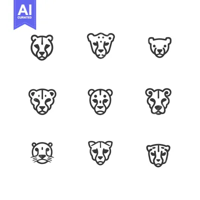 Nine Cheetah Head Icon Variations in Black and White
