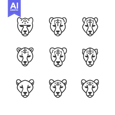 Aset premium populer: Nine Cheetah Head Icon Variations in Black Outline