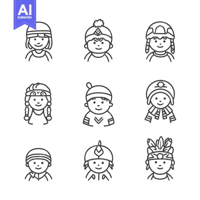 Aset desain premium: Nine Children Wearing Traditional Cultural Headwear