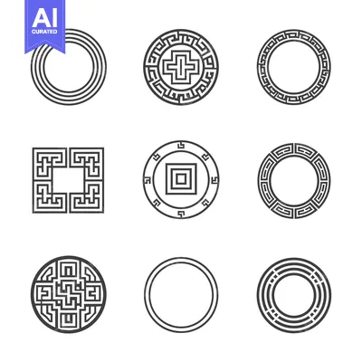 Aset premium populer: Nine Circular and Square Geometric Designs with Line Patterns