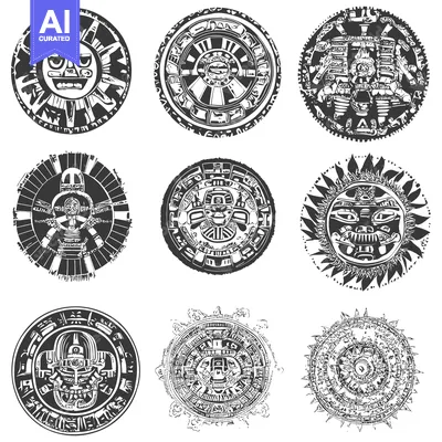 Aset desain premium: Nine Circular Aztec Calendar Illustrations with Intricate Designs and