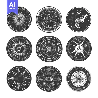 Aset desain premium: Nine Circular Celestial Designs with Stars, Sun, Moon, and Compass