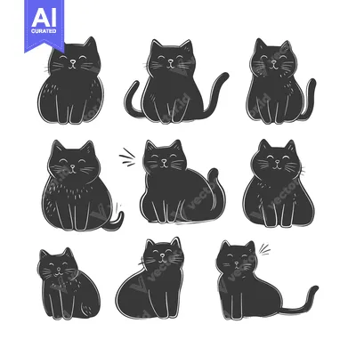 Aset premium populer: Nine Cute Black Cats Sitting with Happy Expressions