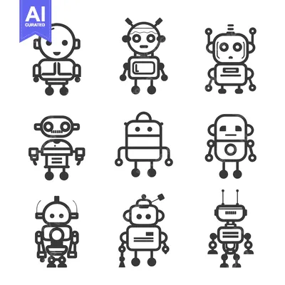 Aset premium populer: Nine Cute Robot Icons in Black Outline Style