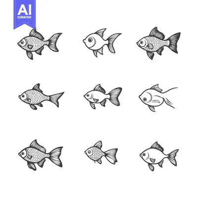 Aset desain premium: Nine Detailed Line Drawings of Fish in Various Poses
