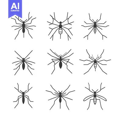 Nine Different Black And White Outline Silhouettes of Mosquitoes