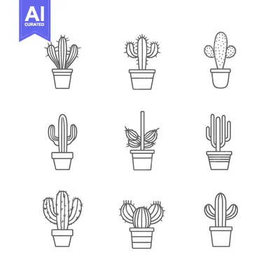 Aset premium populer: Nine Different Cactus Plants in Pots, Illustrated in Simple Outline St