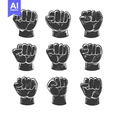 Aset desain premium: Nine Different Detailed Black and White Images of a Clenched Fist
