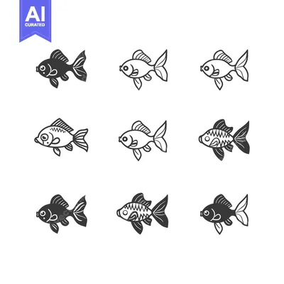 Aset desain premium: Nine Different Line Art Styles of a Goldfish with Variations in Shadin