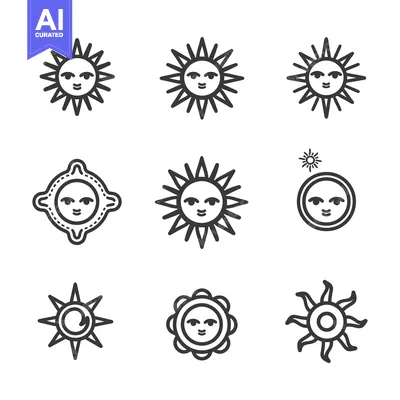 Aset desain premium: Nine Different Line Art Sun Icon Designs