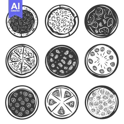 Nine Different Styles of Pizza Toppings in Black and White