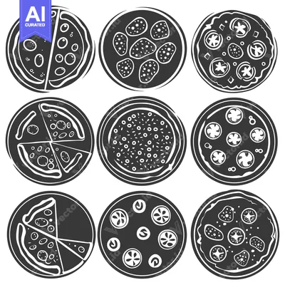 Nine Different Types of Pizza Drawn in Black and White