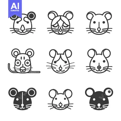 Aset desain premium: Nine Diverse Mouse Head Icons in Black and White