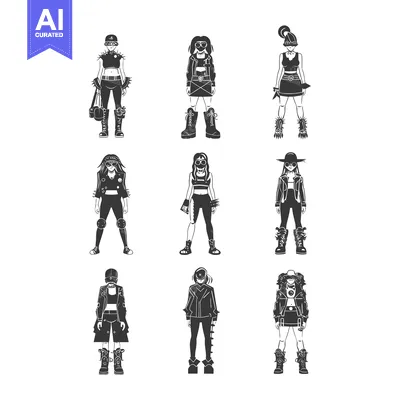 Premium design asset: Nine Fashionable Women in Black and White Silhouettes
