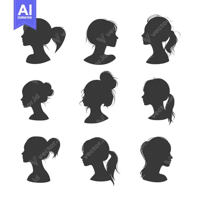 Premium design asset: Nine Female Silhouettes with Different Hairstyles in Profile