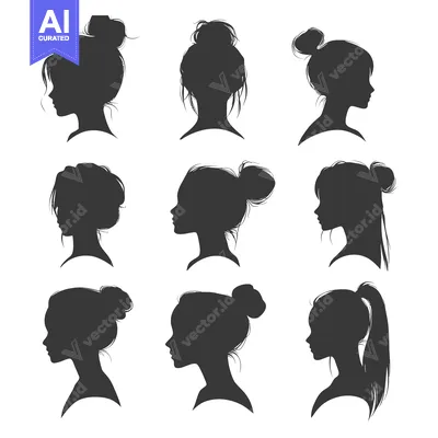 Premium design asset: Nine Female Silhouettes with Different Hairstyles in Profile View