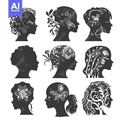 Aset desain premium: Nine Female Silhouettes with Floral and Butterfly Motifs