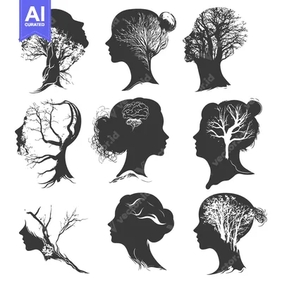 Premium design asset: Nine Female Silhouettes with Tree Branches and a Brain Inside