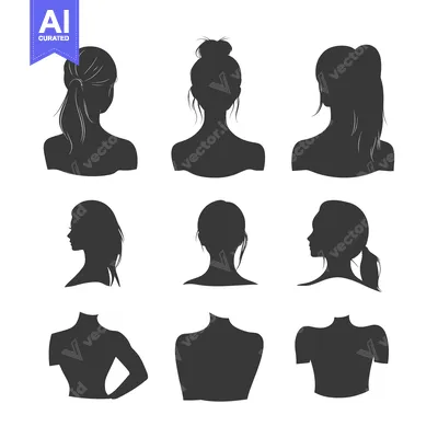 Aset desain premium: Nine Female Silhouettes with Varied Hairstyles and Poses