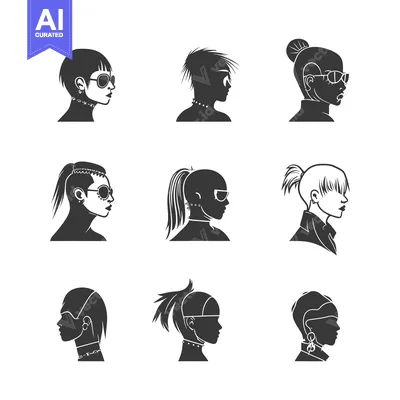 Nine Female Silhouettes with Varying Hairstyles and Accessories